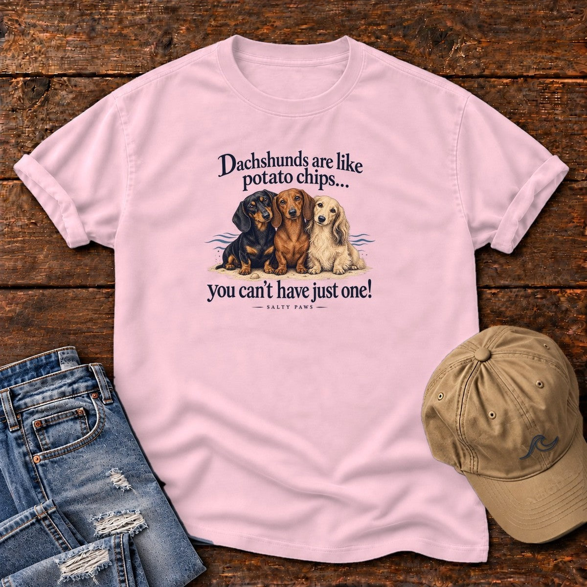 Three Dachshunds Potato Chips T-Shirt in Blossom, Salty Paws Comfort Colors T-Shirt, front design flat lay