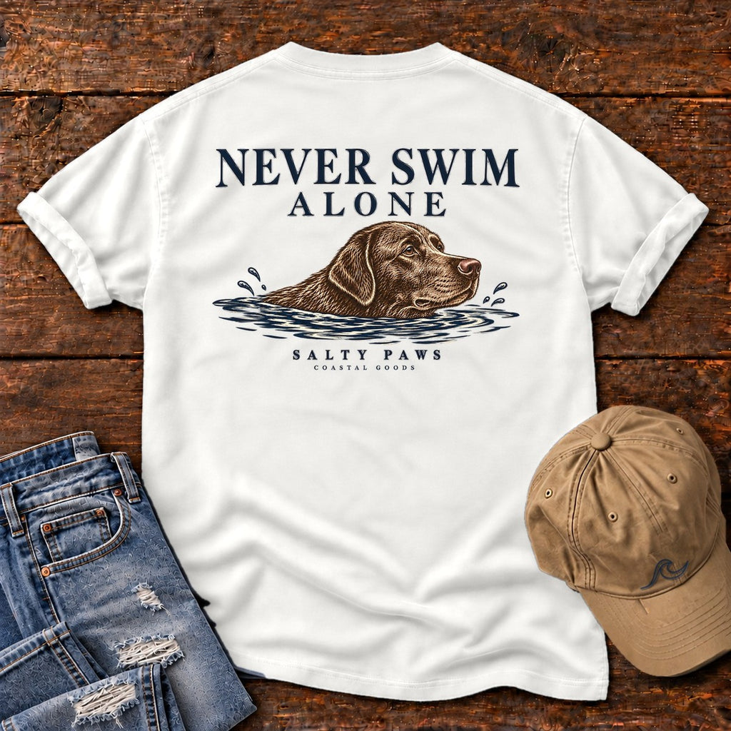 Never Swim Alone Chocolate Lab Back Design Comfort Colors T-Shirt in White, back design flat lay