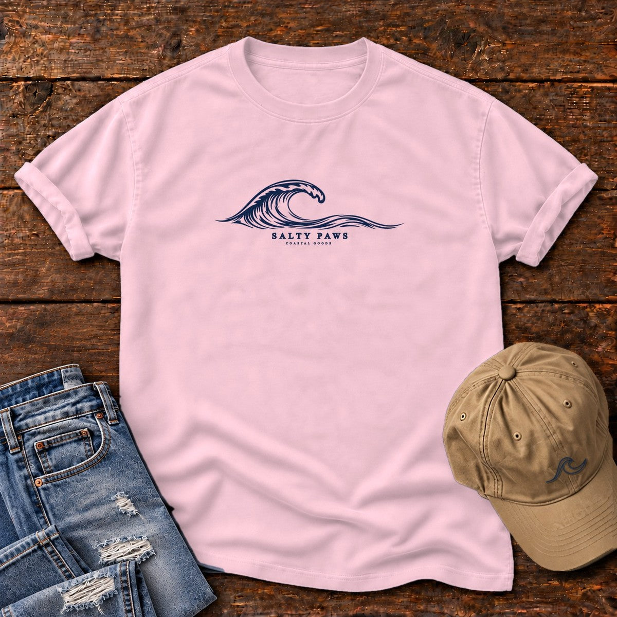 Salty Paws Coastal Wave T-Shirt in Blossom, Salty Paws Comfort Colors T-Shirt, front design flat lay