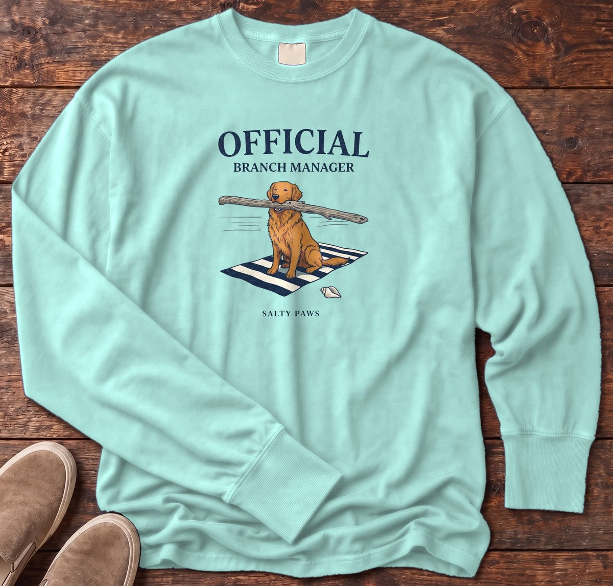 Official Branch Manager Golden Retriever Long Sleeve Tee in Chalky Mint, Salty Paws Comfort Colors long sleeve tee