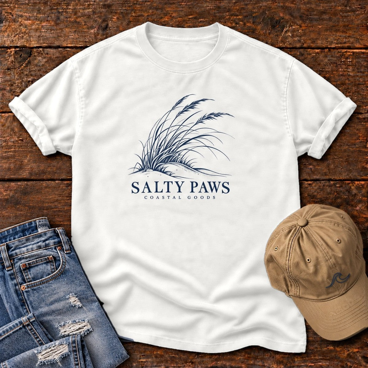 Salty Paws Dune Grass T-Shirt in White, Salty Paws Comfort Colors T-Shirt, front design flat lay