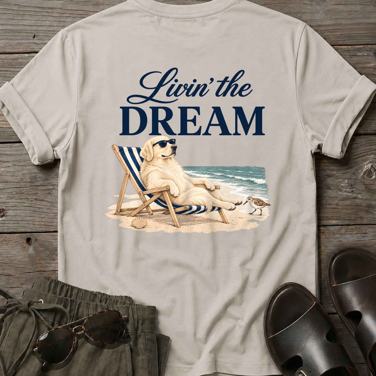 Livin' the Dream Cream Retriever Back Design T-Shirt in Ice Grey, Salty Paws coastal t-shirt