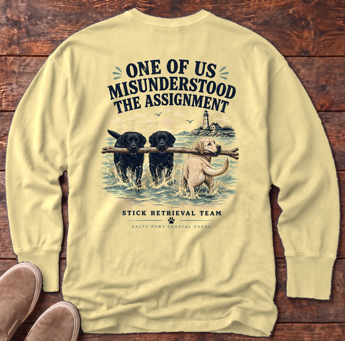 Misunderstood Assignment Labs Fetch Back Design Long Sleeve Tee in Butter, Salty Paws Comfort Colors long sleeve tee