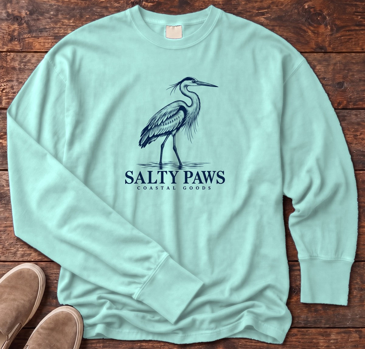 Great Blue Heron Coastal Goods Long Sleeve Tee in Chalky Mint, Salty Paws Comfort Colors Long Sleeve Tee, front design flat lay