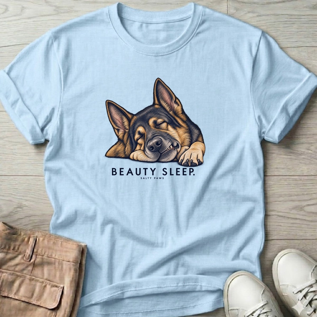 Beauty Sleep German Shepherd T-Shirt in Light Blue, Salty Paws T-Shirt, front design flat lay