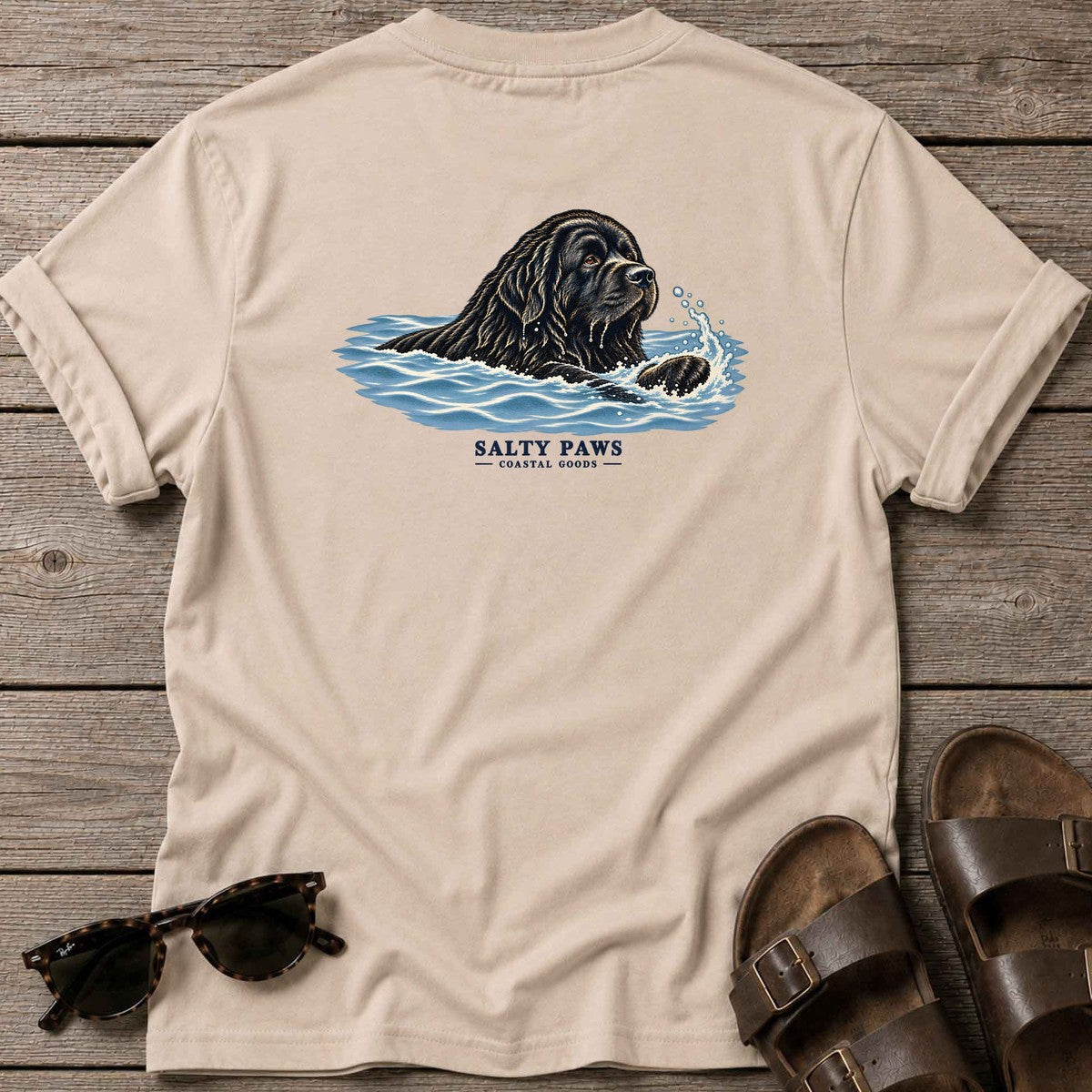 Swimming Newfoundland Back Design T-Shirt in Sand, Salty Paws T-Shirt, back design flat lay