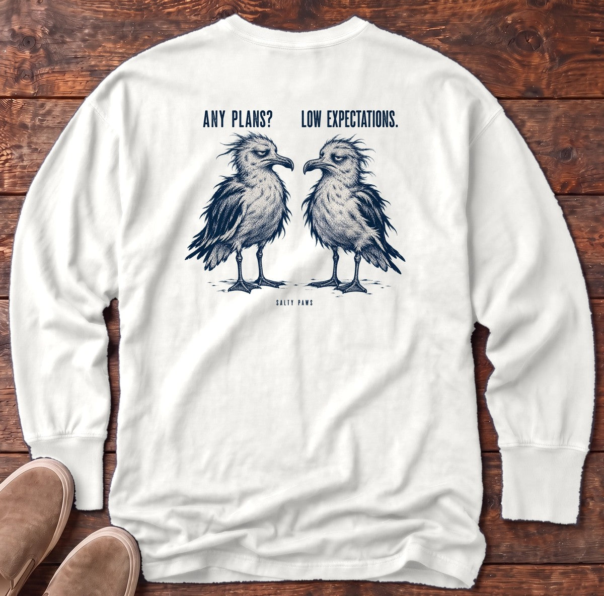 Any Plans Low Expectations Seagulls Back Design Long Sleeve Tee in White, Salty Paws Comfort Colors Long Sleeve Tee, back design flat lay