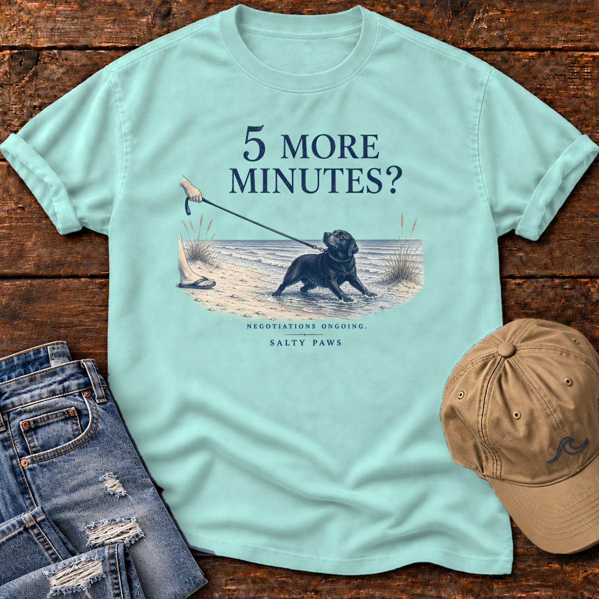 5 More Minutes? Labrador Comfort Colors T-Shirt in Chalky Mint, front design flat lay