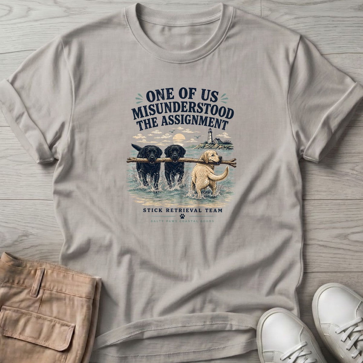 One of Us Misunderstood the Assignment Labs T-Shirt in Ice Grey, Salty Paws coastal t-shirt
