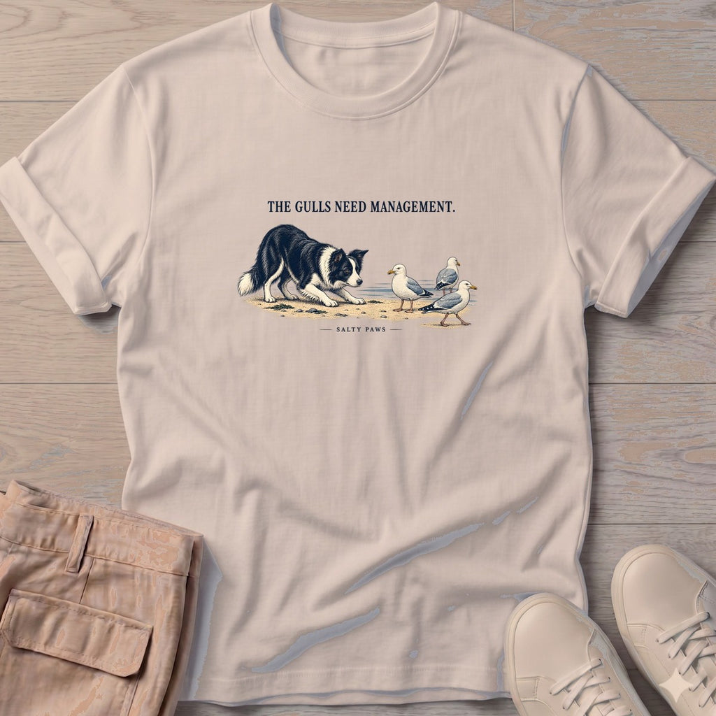 The Gulls Need Management Border Collie T-Shirt in Sand, Salty Paws T-Shirt, front design flat lay