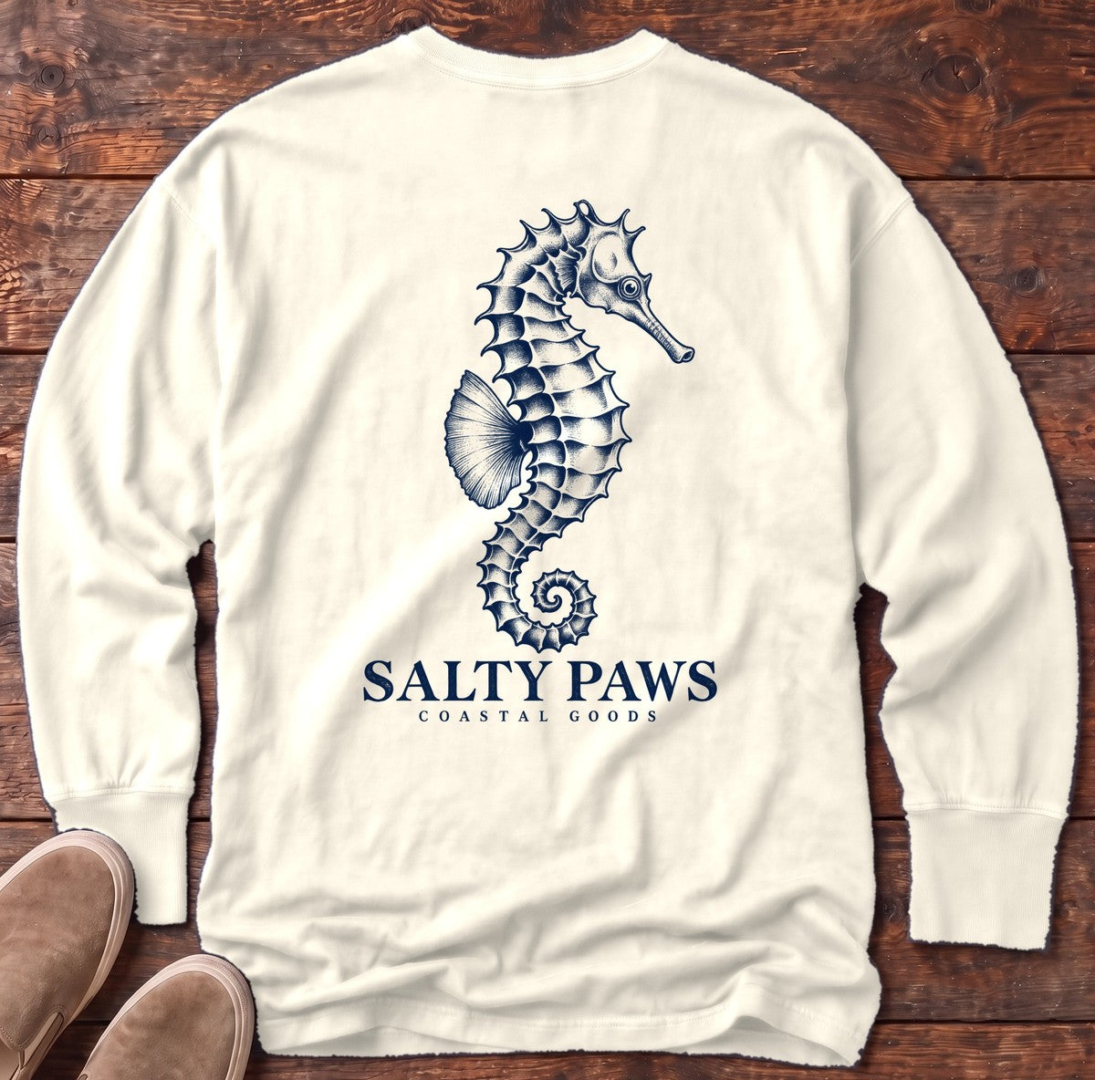 Seahorse Coastal Goods Back Design Long Sleeve Tee in Ivory, Salty Paws Comfort Colors Long Sleeve Tee, back design flat lay