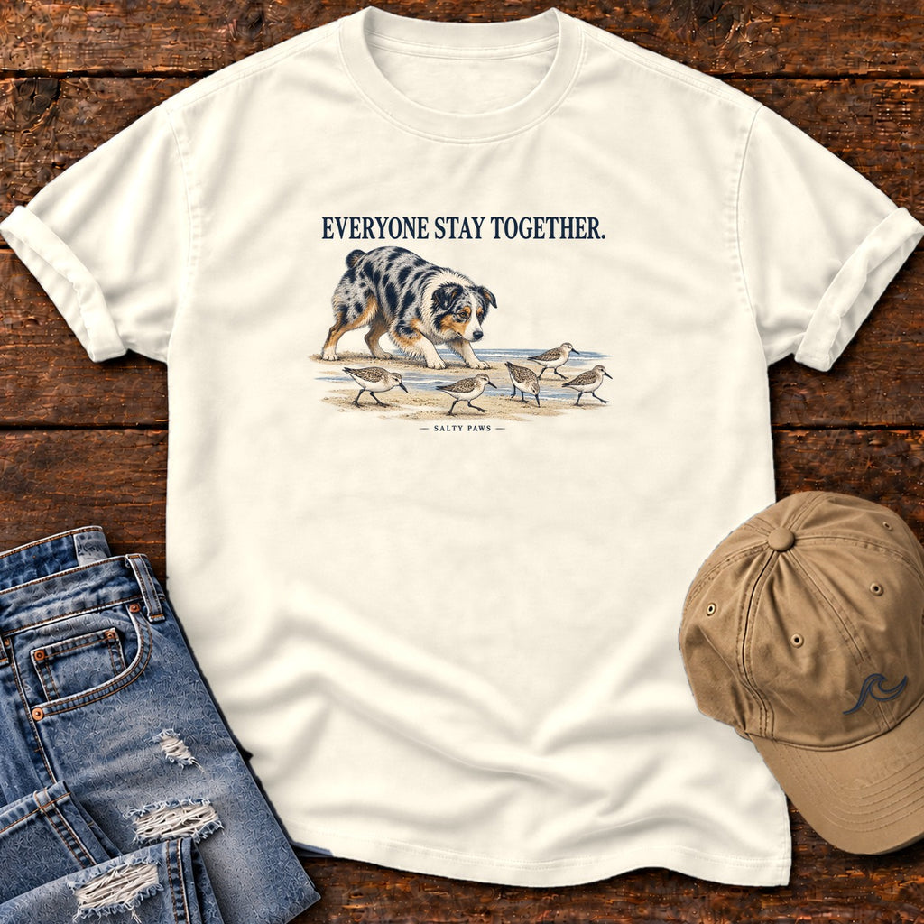 Everyone Stay Together Australian Shepherd T-Shirt in Ivory, Salty Paws Comfort Colors T-Shirt, front design flat lay