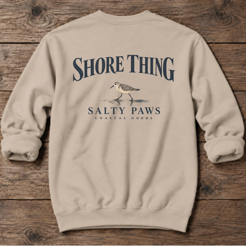 Shore Thing Sandpiper Salty Paws Coastal Goods Back Design Midweight Sweatshirt in Sand, Salty Paws Midweight Sweatshirt, back design flat lay