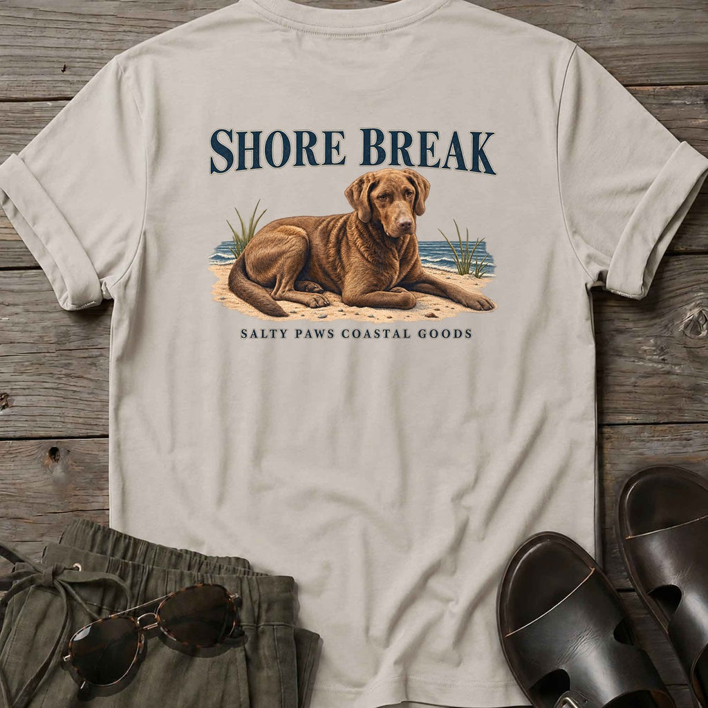 Shore Break Chesapeake Bay Retriever Back Design T-Shirt in Ice Grey, Salty Paws coastal t-shirt
