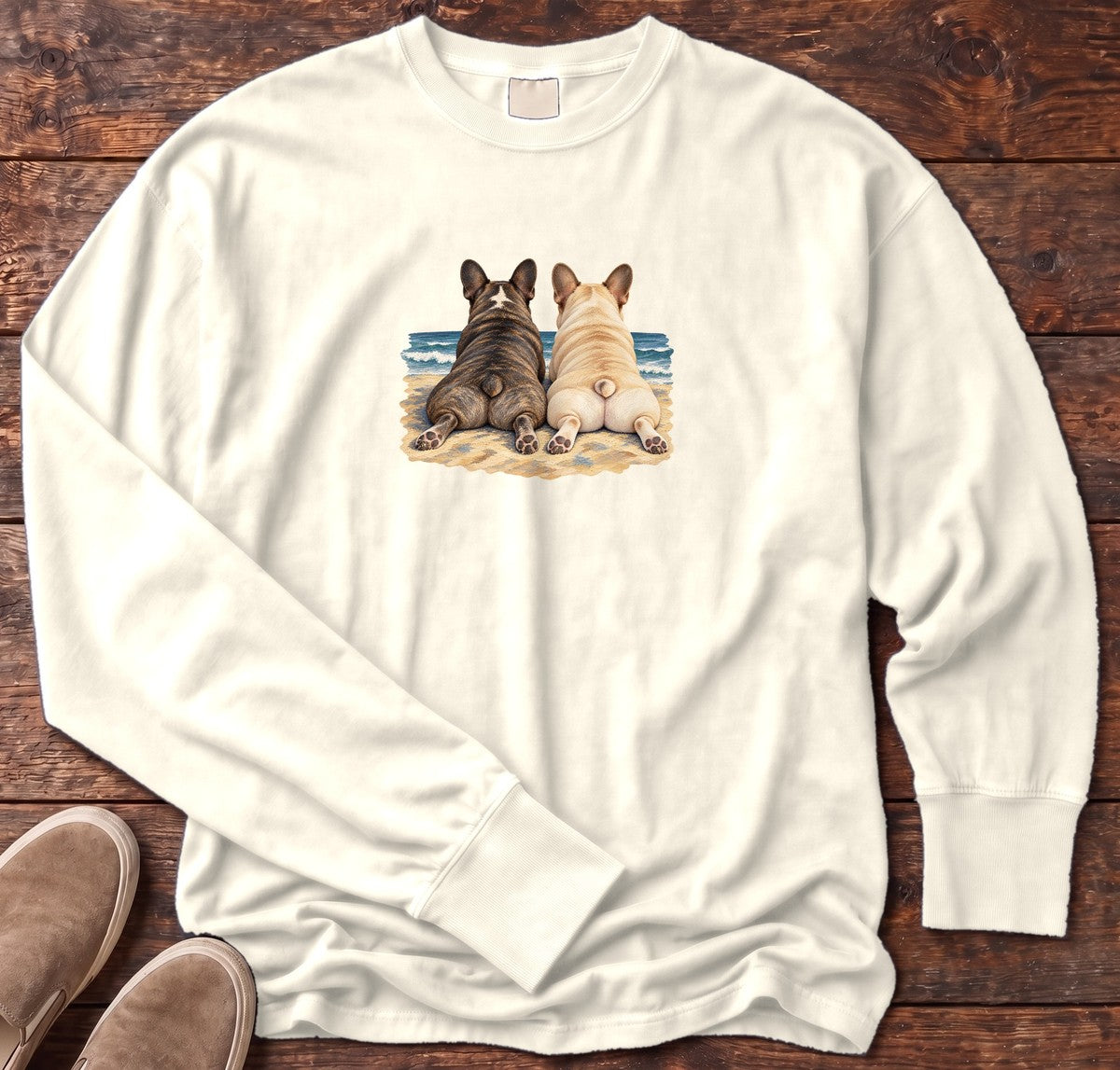Two French Bulldogs at the Ocean Long Sleeve Tee in Ivory, Salty Paws Comfort Colors Long Sleeve Tee, front design flat lay