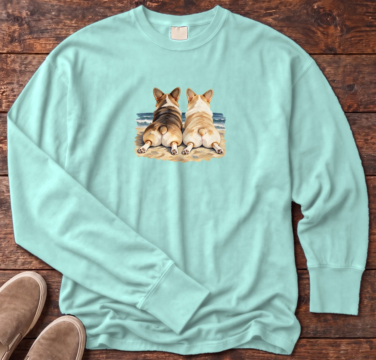 Two Corgis at the Ocean Long Sleeve Tee in Chalky Mint, Salty Paws Comfort Colors Long Sleeve Tee, front design flat lay