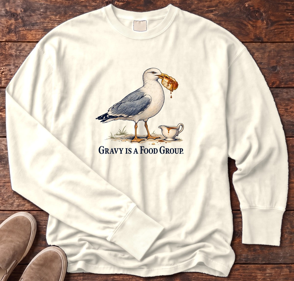 Gravy Is a Food Group Seagull Long Sleeve Tee in Ivory, Salty Paws Comfort Colors Long Sleeve Tee, front design flat lay