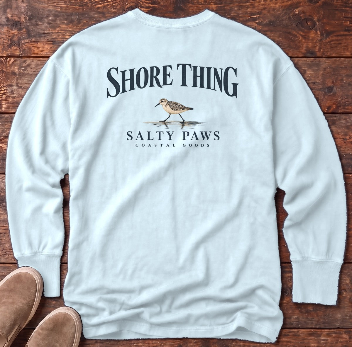 Shore Thing Sandpiper Salty Paws Coastal Goods Back Design Long Sleeve Tee in Chambray, Salty Paws Comfort Colors Long Sleeve Tee, back design flat lay