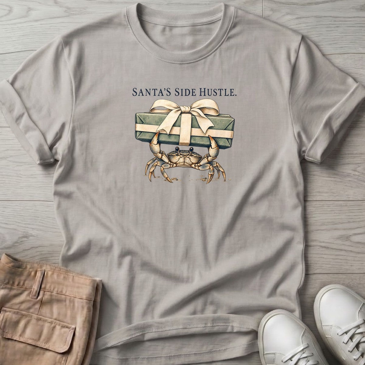 Santa's Side Hustle Crab T-Shirt in Ice Grey, Salty Paws T-Shirt, front design flat lay