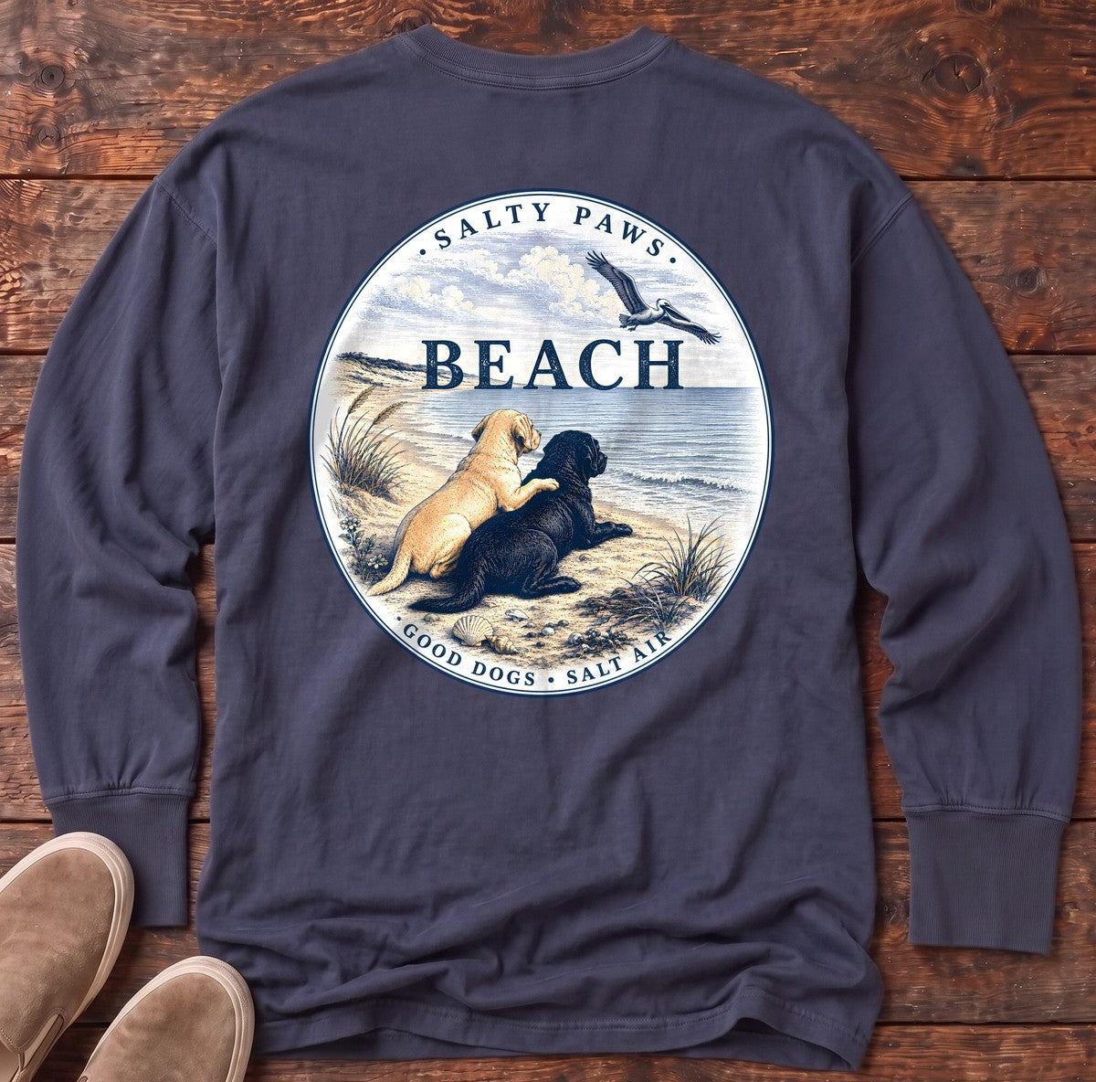 BEACH Pelican Labradors Back Design Long Sleeve Tee in True Navy, Salty Paws Comfort Colors long sleeve tee