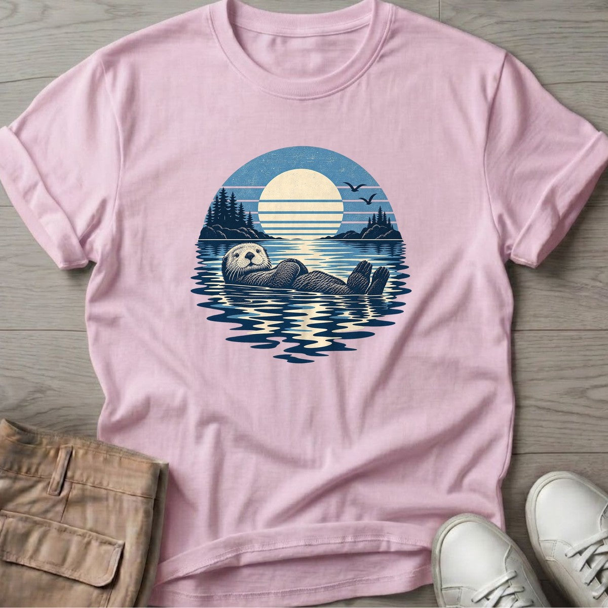 Moonlit Sea Otter T-Shirt in Light Pink