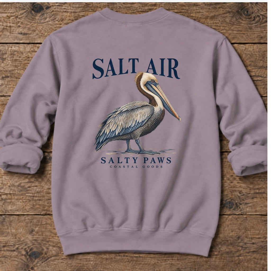 Salt Air Pelican Salty Paws Coastal Goods Back Design Midweight Sweatshirt in Paragon, Salty Paws Midweight Sweatshirt, back design flat lay