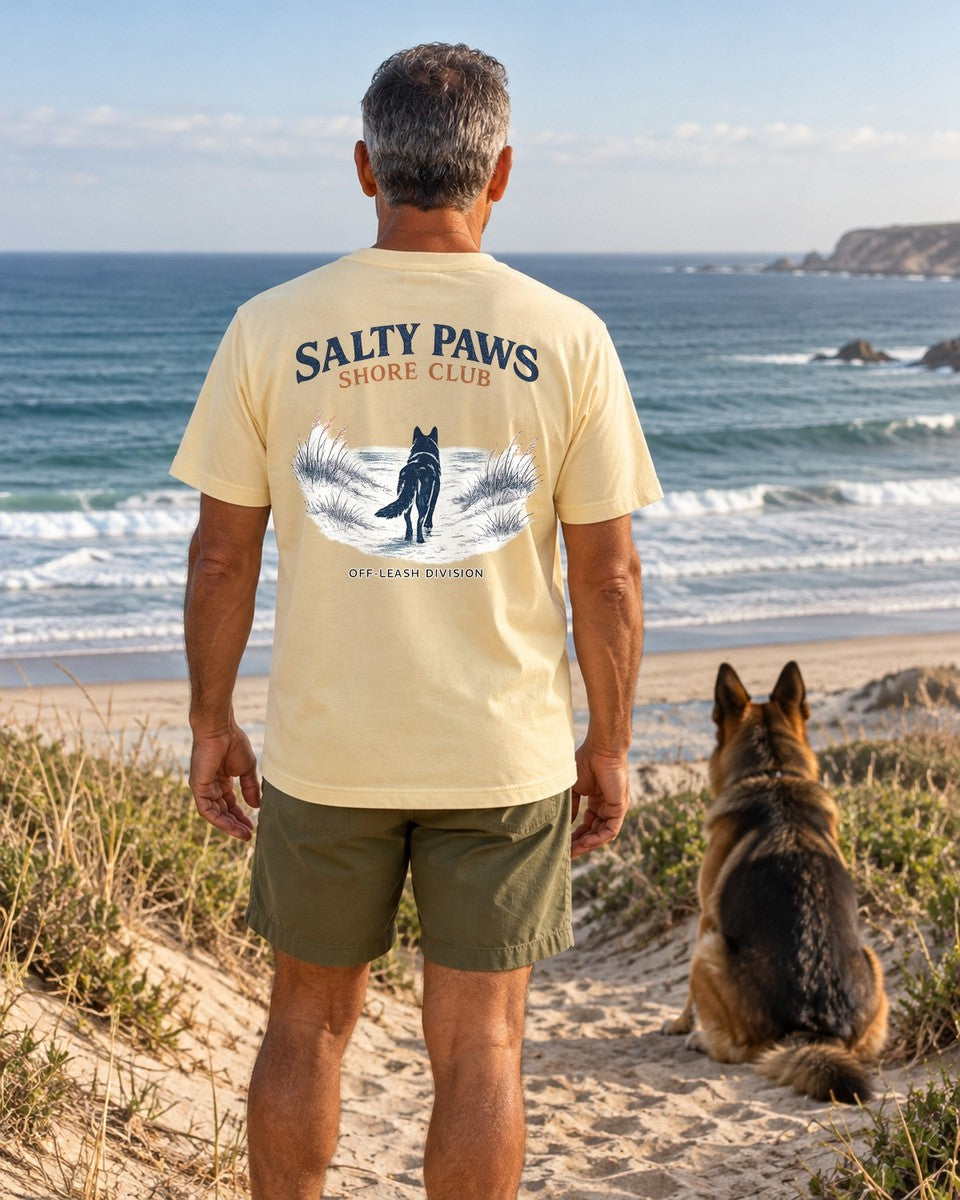 Salty Paws Shore Club Shepherd Back Design Comfort Colors T-Shirt in Butter, worn by a model