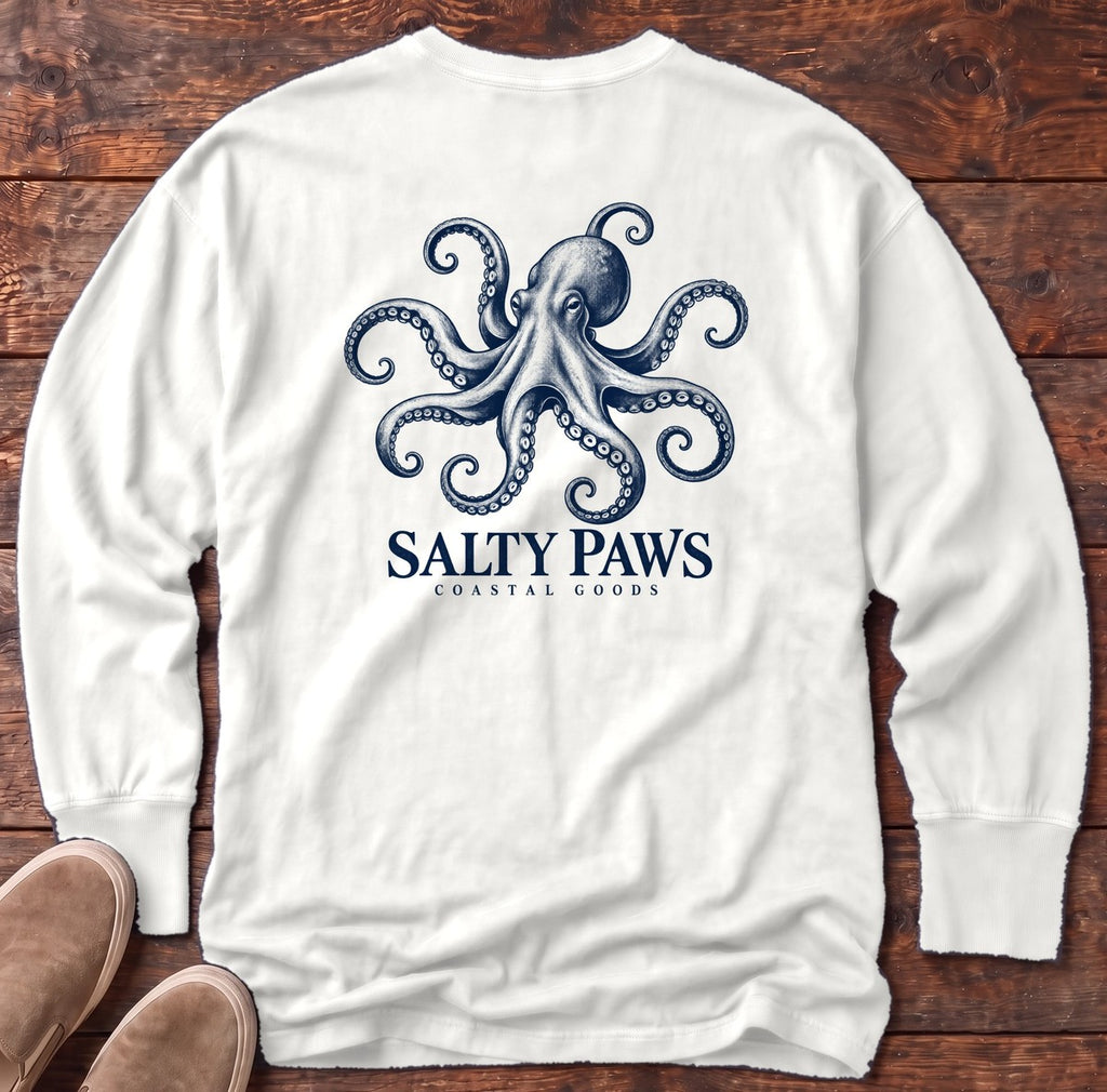 Octopus Coastal Goods Back Design Long Sleeve Tee in White, Salty Paws Comfort Colors Long Sleeve Tee, back design flat lay
