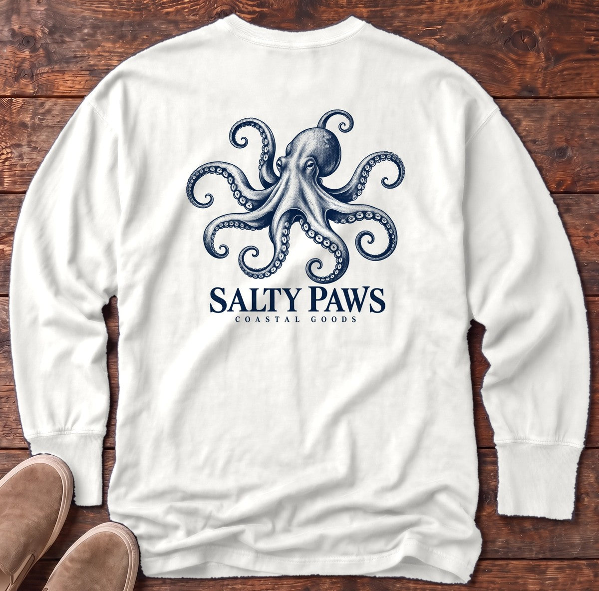 Octopus Coastal Goods Back Design Long Sleeve Tee in White, Salty Paws Comfort Colors Long Sleeve Tee, back design flat lay