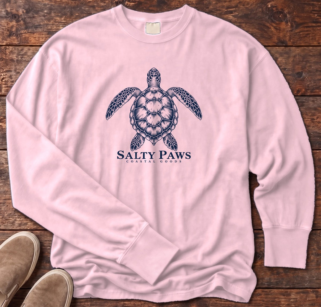 Sea Turtle Coastal Goods Long Sleeve Tee in Blossom, Salty Paws Comfort Colors Long Sleeve Tee, front design flat lay