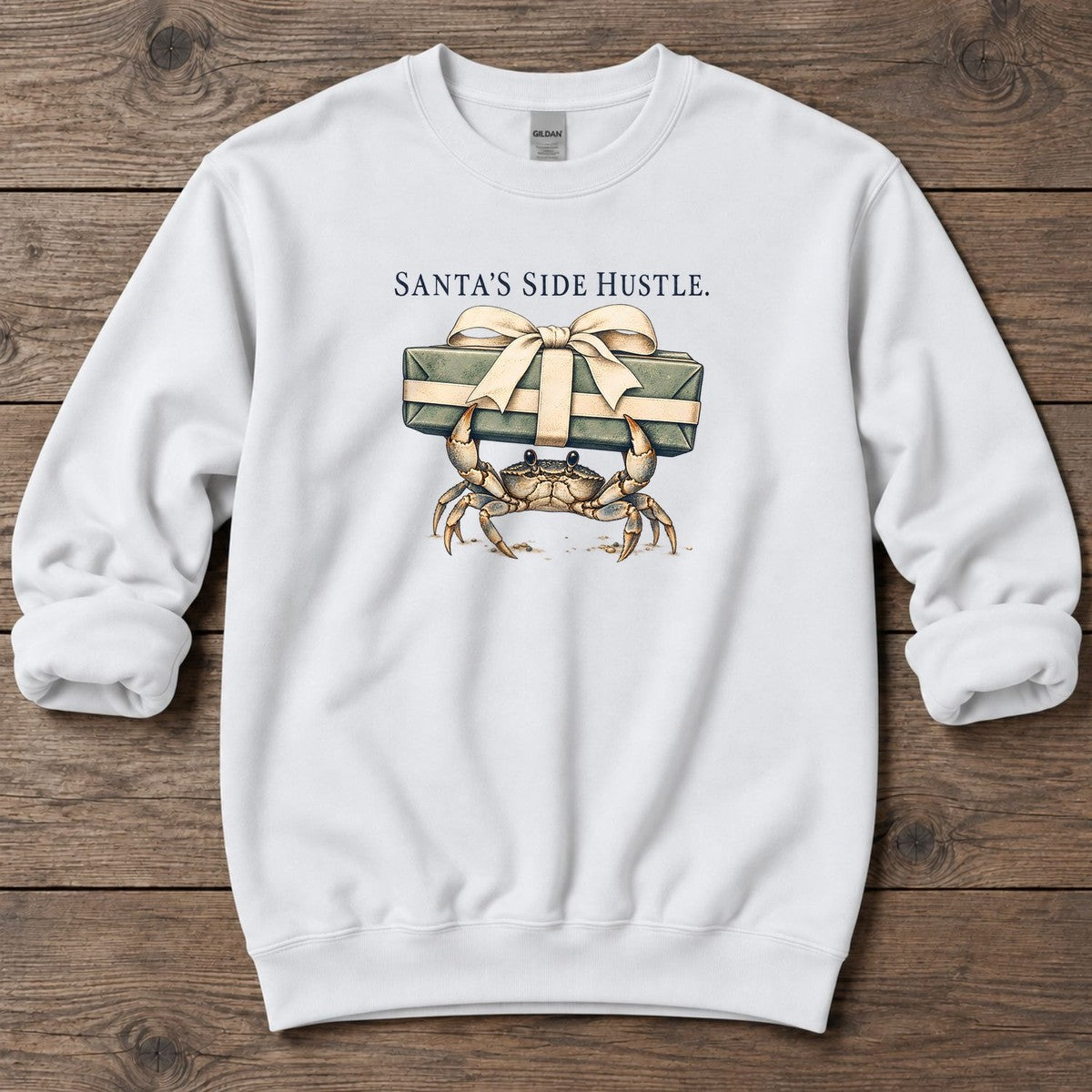Santa's Side Hustle Crab Midweight Sweatshirt in White, Salty Paws Midweight Sweatshirt, front design flat lay