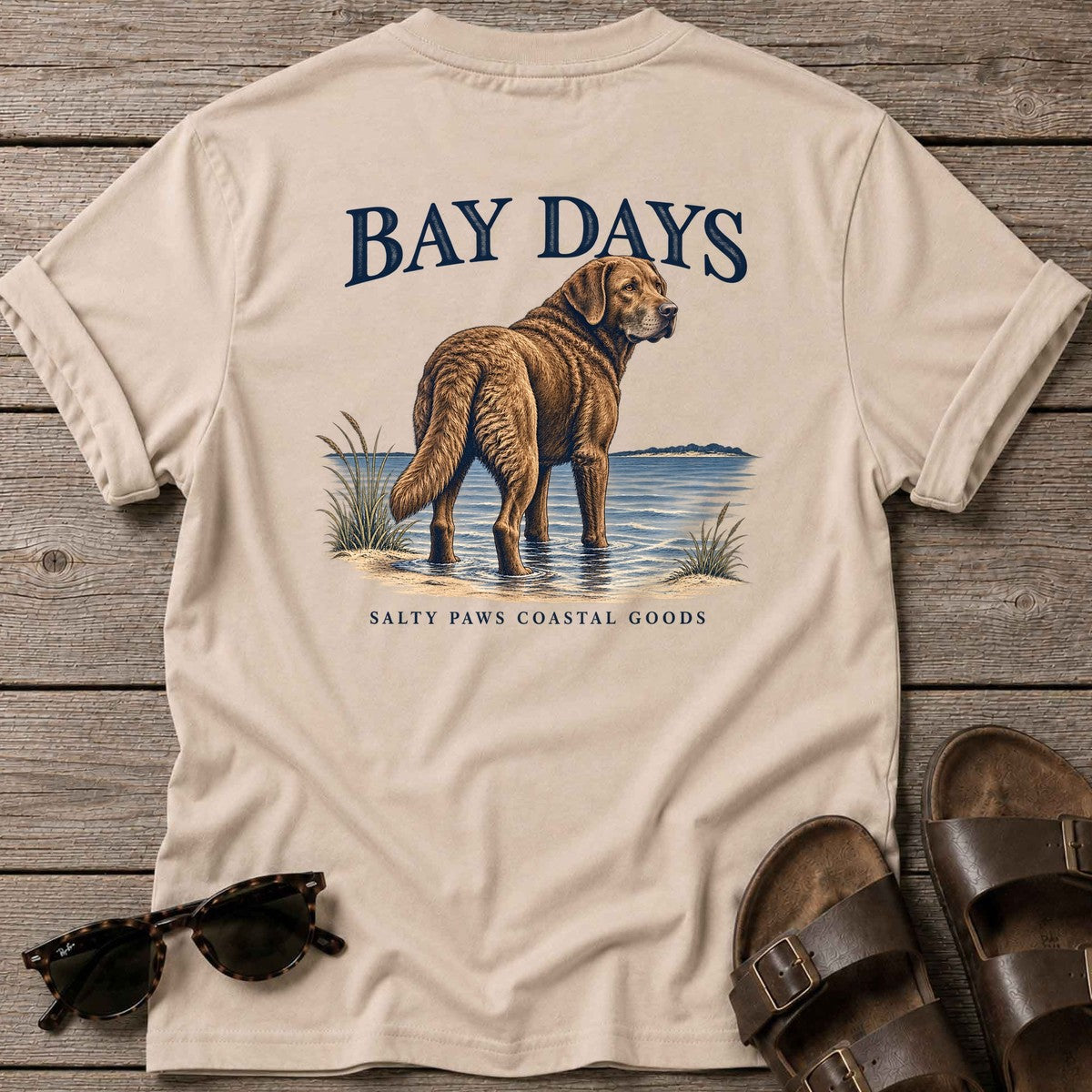 Bay Days Chesapeake Bay Retriever Back Design T-Shirt in Sand, Salty Paws coastal t-shirt