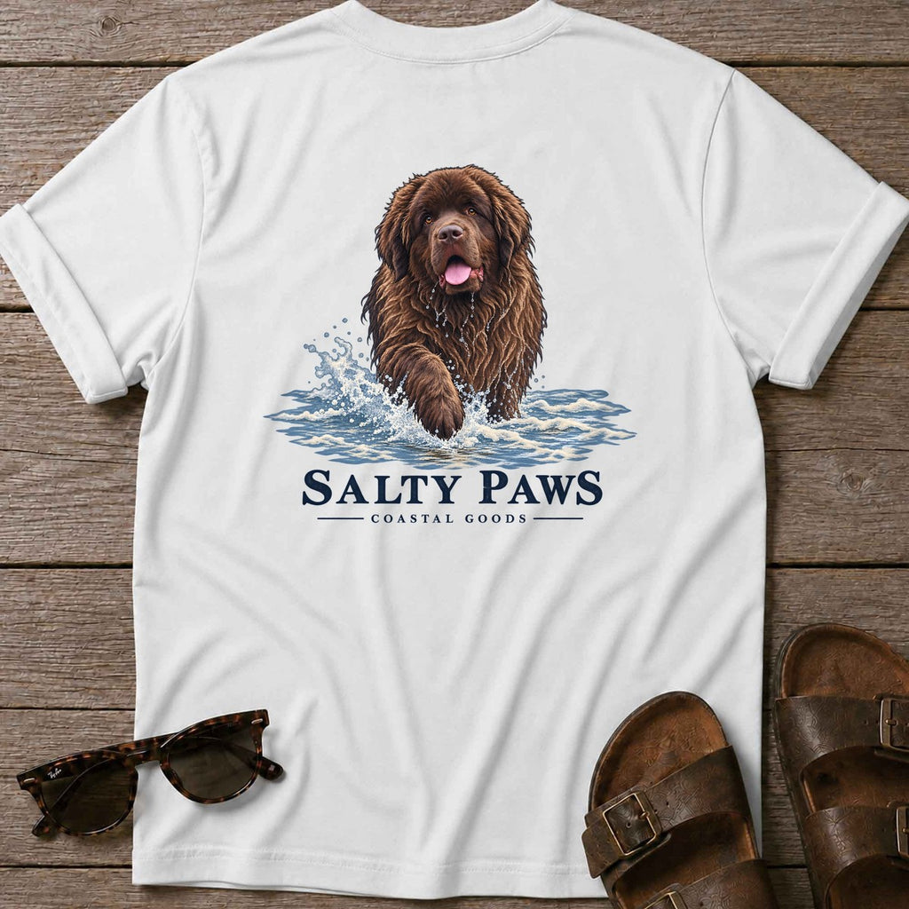 Brown Newfoundland Surf Back Design T-Shirt in White, Salty Paws T-Shirt, back design flat lay