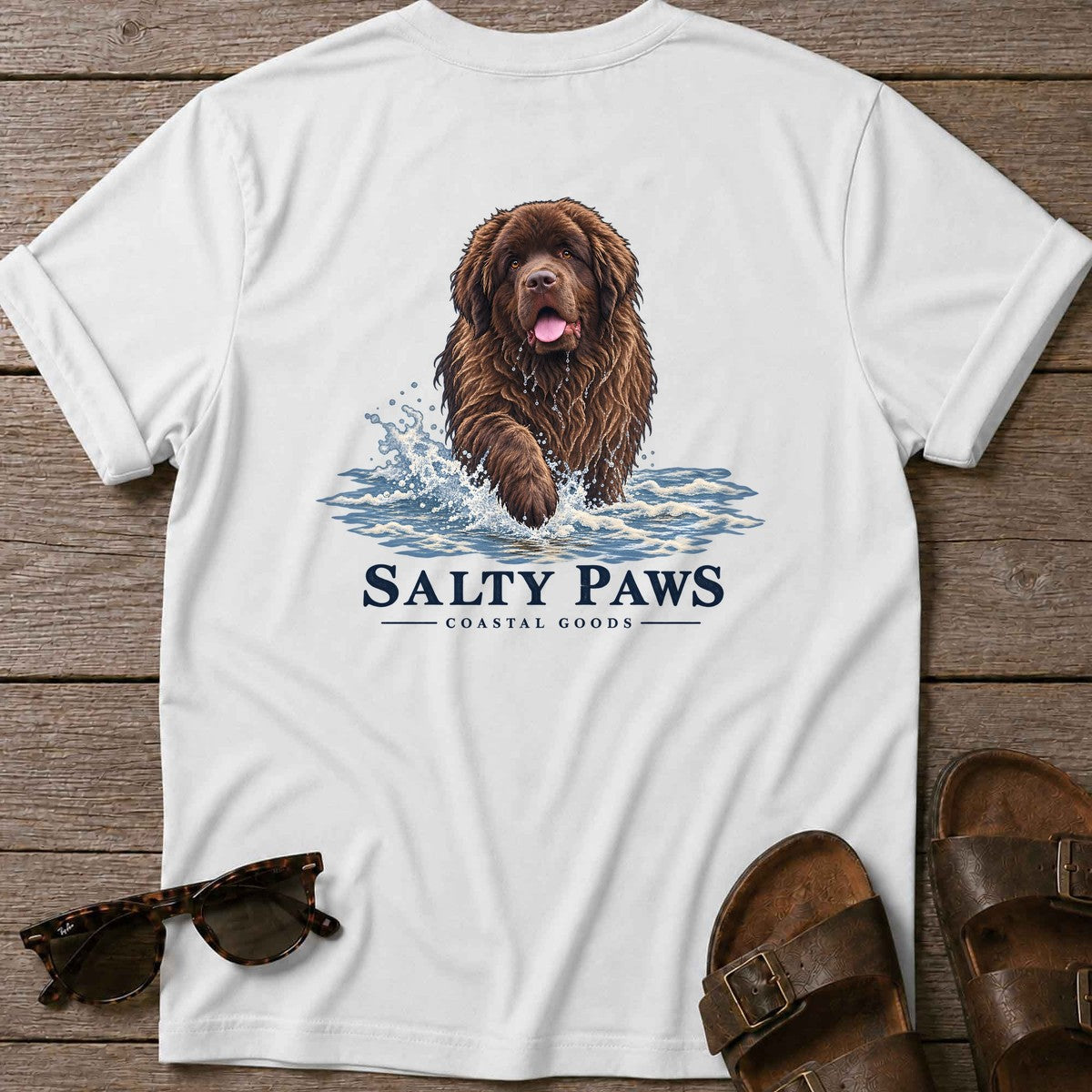 Brown Newfoundland Surf Back Design T-Shirt in White, Salty Paws T-Shirt, back design flat lay