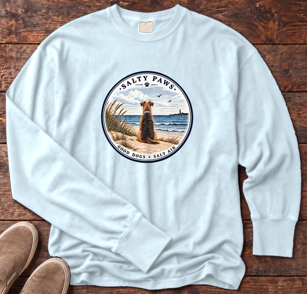 Good Dogs Salt Air Airedale Long Sleeve Tee in Chambray, Salty Paws Comfort Colors Long Sleeve Tee, front design flat lay