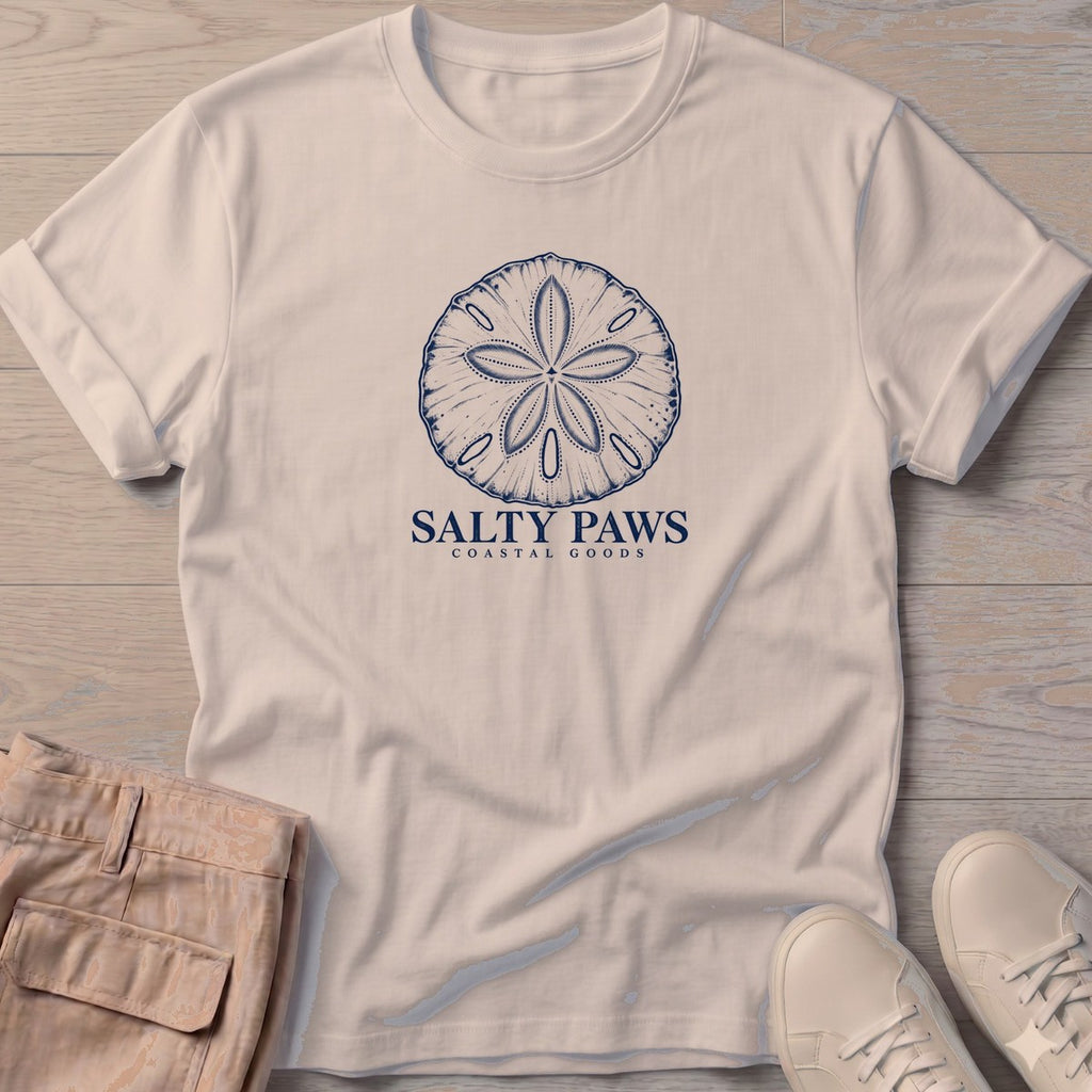 Sand Dollar T-Shirt in Sand, Salty Paws T-Shirt, front design flat lay