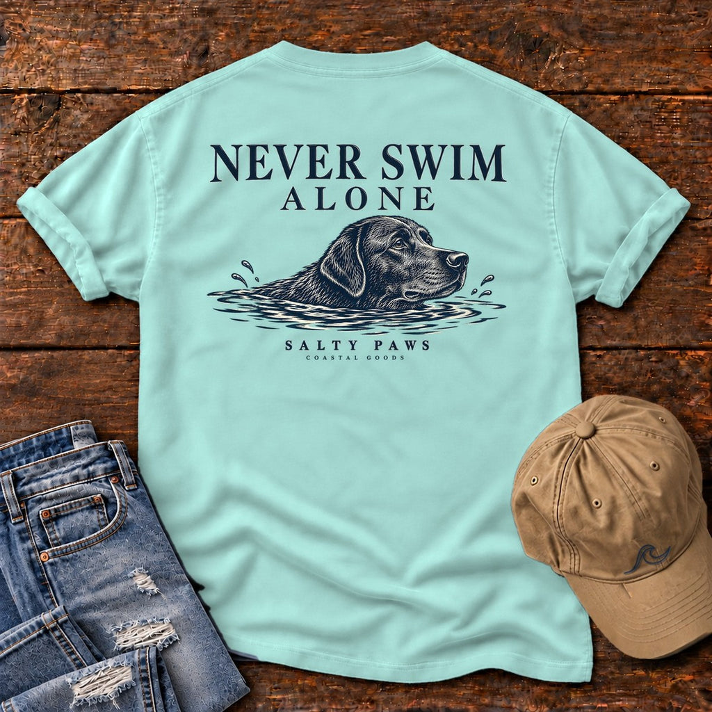 Never Swim Alone Black Lab Comfort Colors T-Shirt in Chalky Mint, back design flat lay