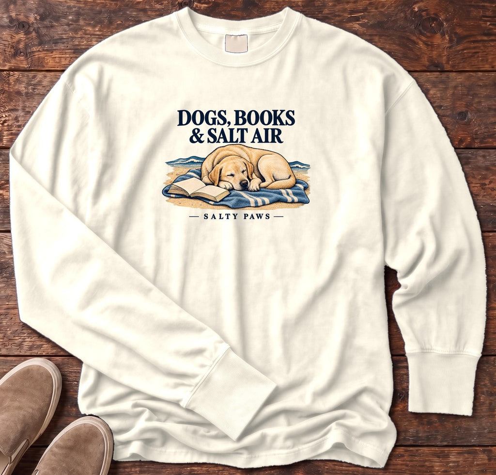 Dogs, Books & Salt Air Yellow Lab Long Sleeve Tee in Ivory, Salty Paws Comfort Colors Long Sleeve Tee, front design flat lay