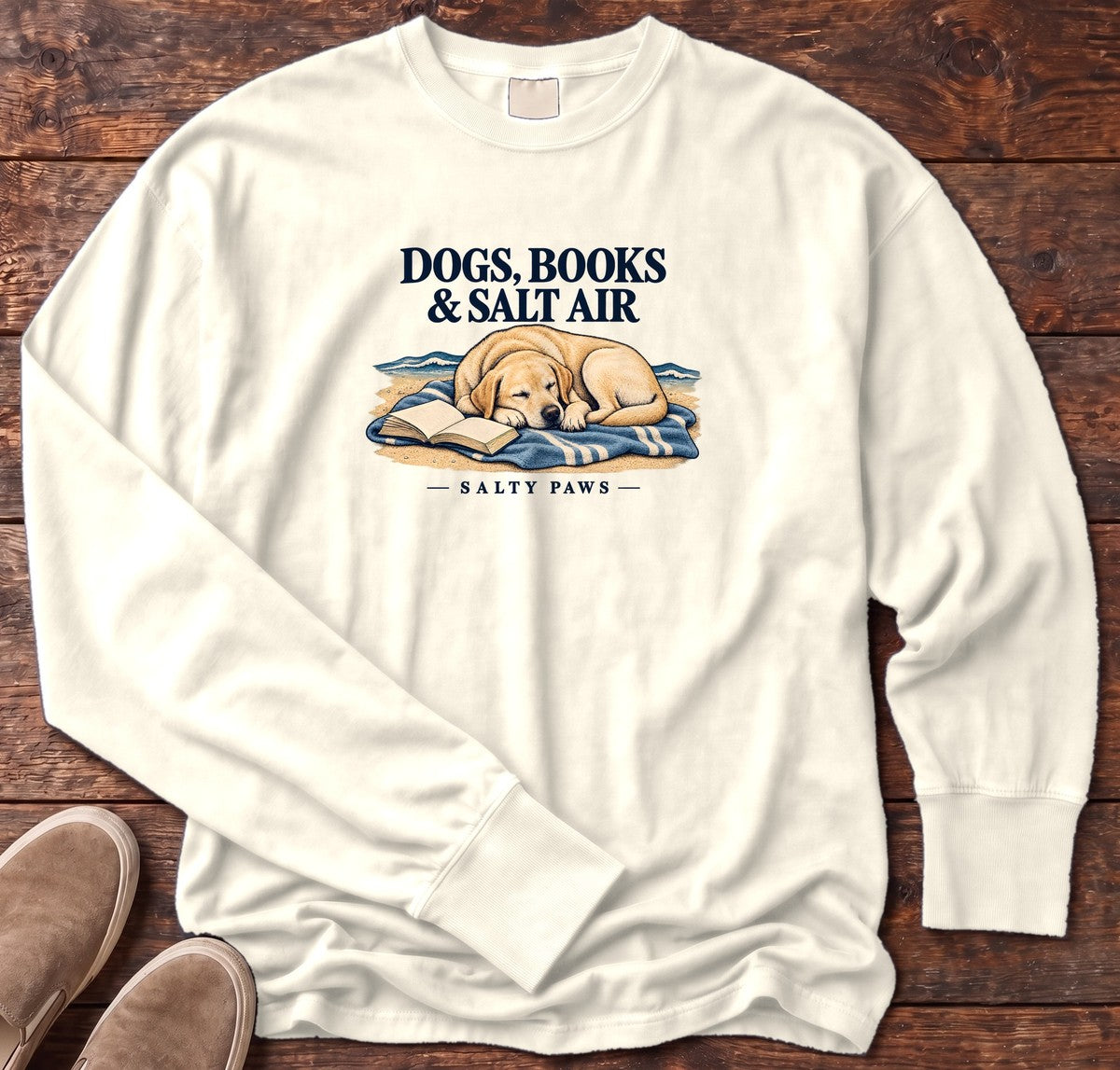 Dogs, Books & Salt Air Yellow Lab Long Sleeve Tee in Ivory, Salty Paws Comfort Colors Long Sleeve Tee, front design flat lay