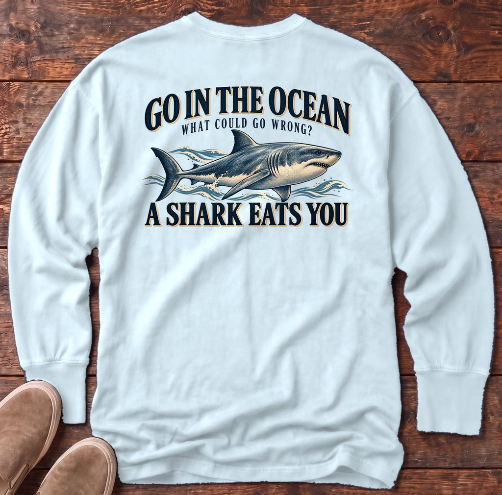 Go in the Ocean Shark Back Design Long Sleeve Tee in Chambray, Salty Paws Comfort Colors long sleeve tee