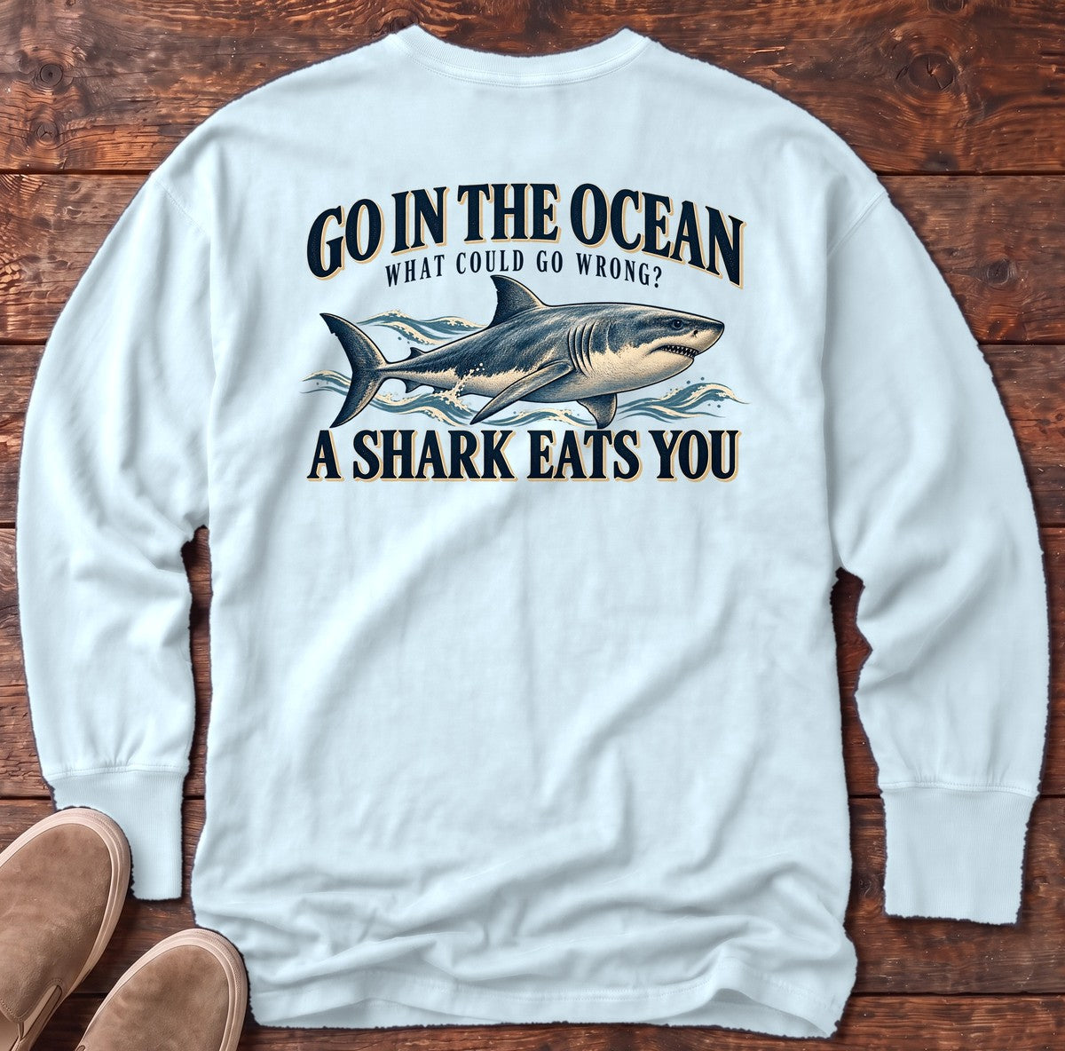 Go in the Ocean Shark Back Design Long Sleeve Tee in Chambray, Salty Paws Comfort Colors long sleeve tee