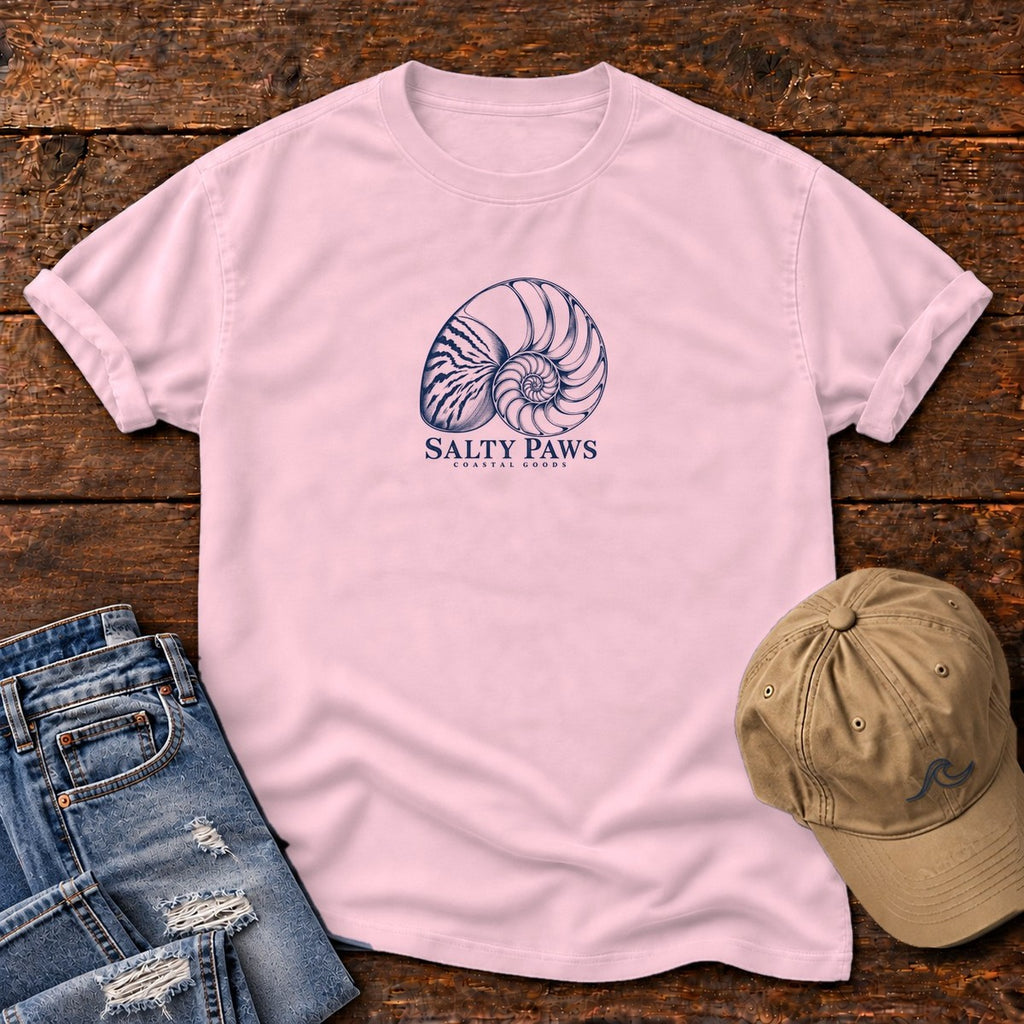 Nautilus Shell T-Shirt in Blossom, Salty Paws Comfort Colors T-Shirt, front design flat lay
