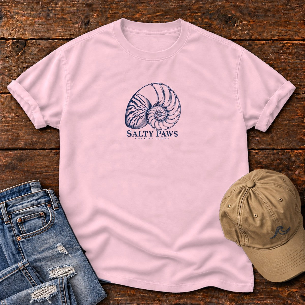 Nautilus Shell T-Shirt in Blossom, Salty Paws Comfort Colors T-Shirt, front design flat lay
