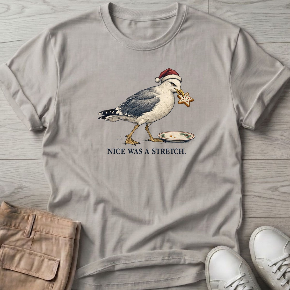 Nice Was a Stretch Seagull T-Shirt in Ice Grey, Salty Paws T-Shirt, front design flat lay