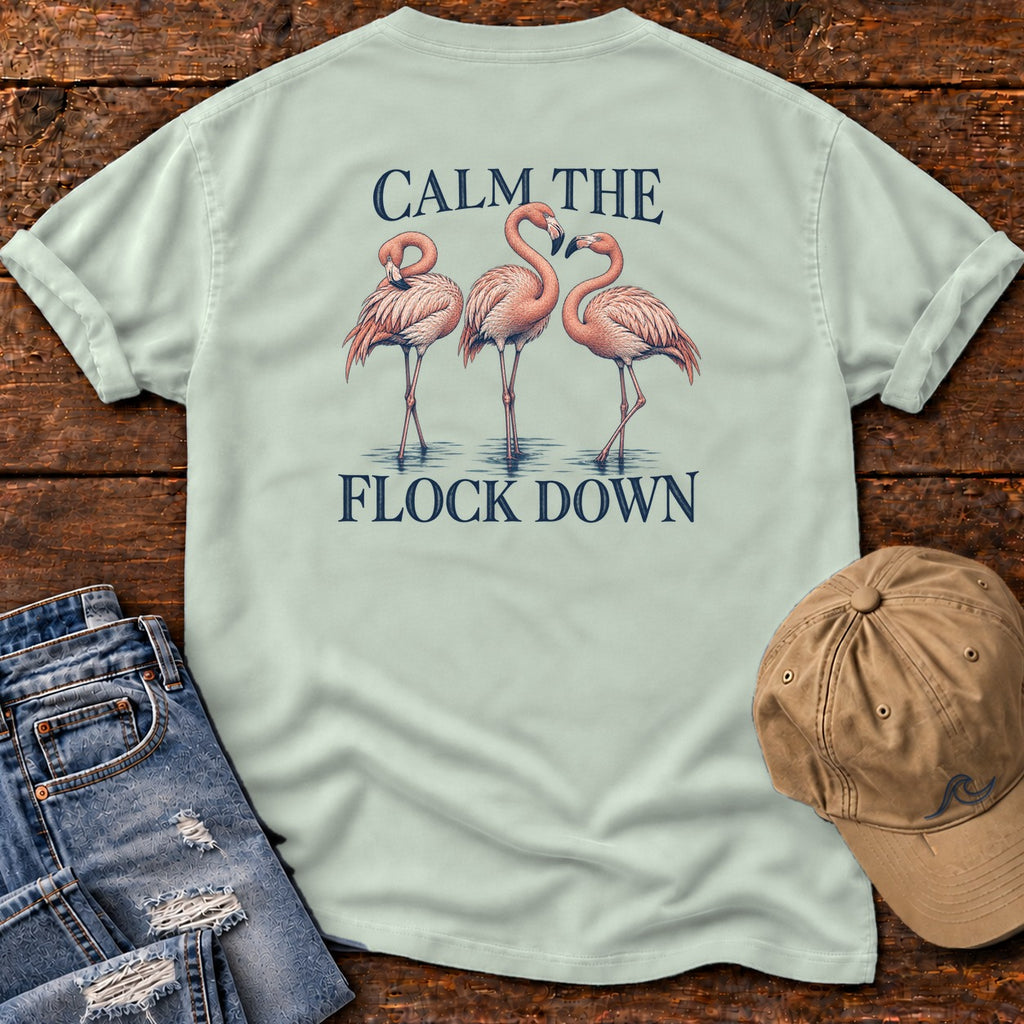 Calm Flock Down Flamingo T-Shirt Comfort Colors Back Design in Bay, Salty Paws Comfort Colors T-Shirt, back design flat lay