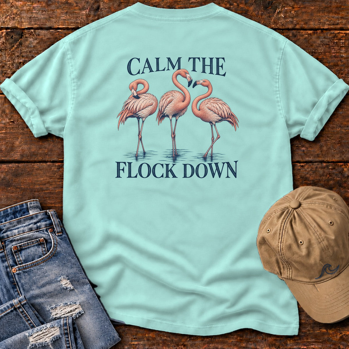 Calm Flock Down Flamingo T-Shirt Comfort Colors Back Design in Chalky Mint, Salty Paws Comfort Colors T-Shirt, back design flat lay