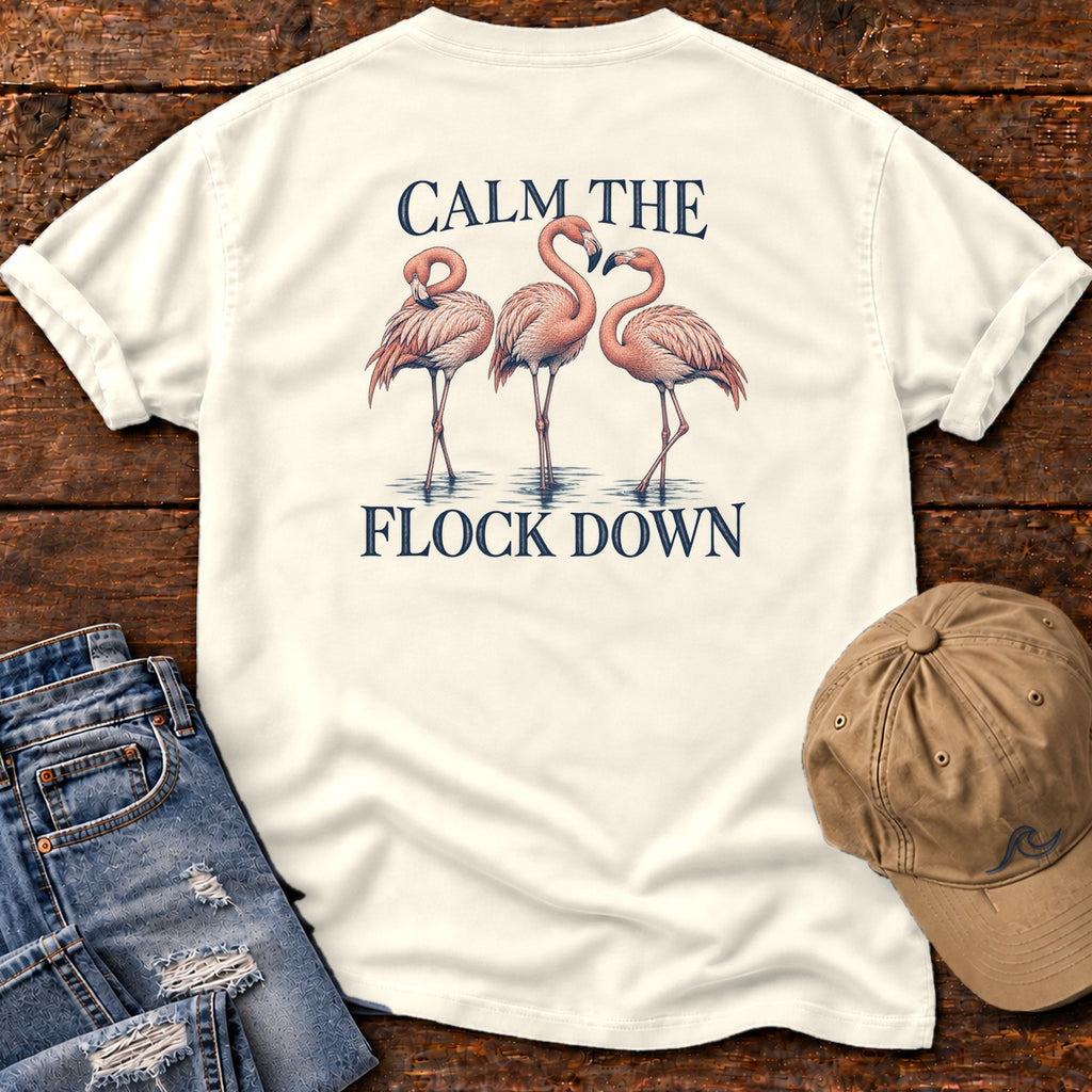 Calm Flock Down Flamingo T-Shirt Comfort Colors Back Design in Ivory, Salty Paws Comfort Colors T-Shirt, back design flat lay