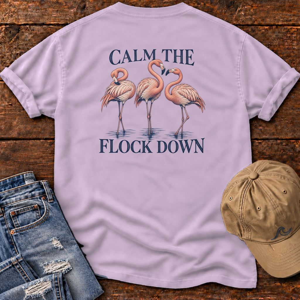 Calm Flock Down Flamingo T-Shirt Comfort Colors Back Design in Orchid, Salty Paws Comfort Colors T-Shirt, back design flat lay