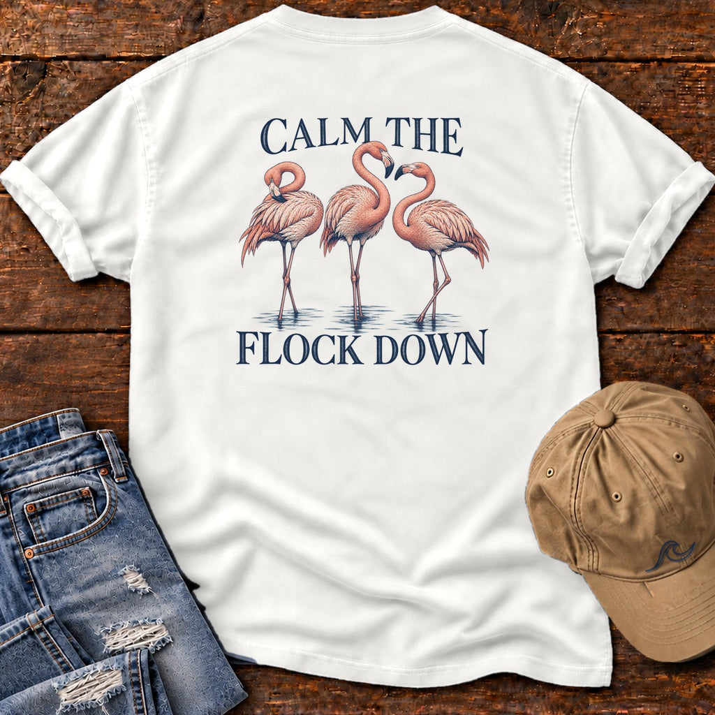 Calm Flock Down Flamingo T-Shirt Comfort Colors Back Design in White, Salty Paws Comfort Colors T-Shirt, back design flat lay