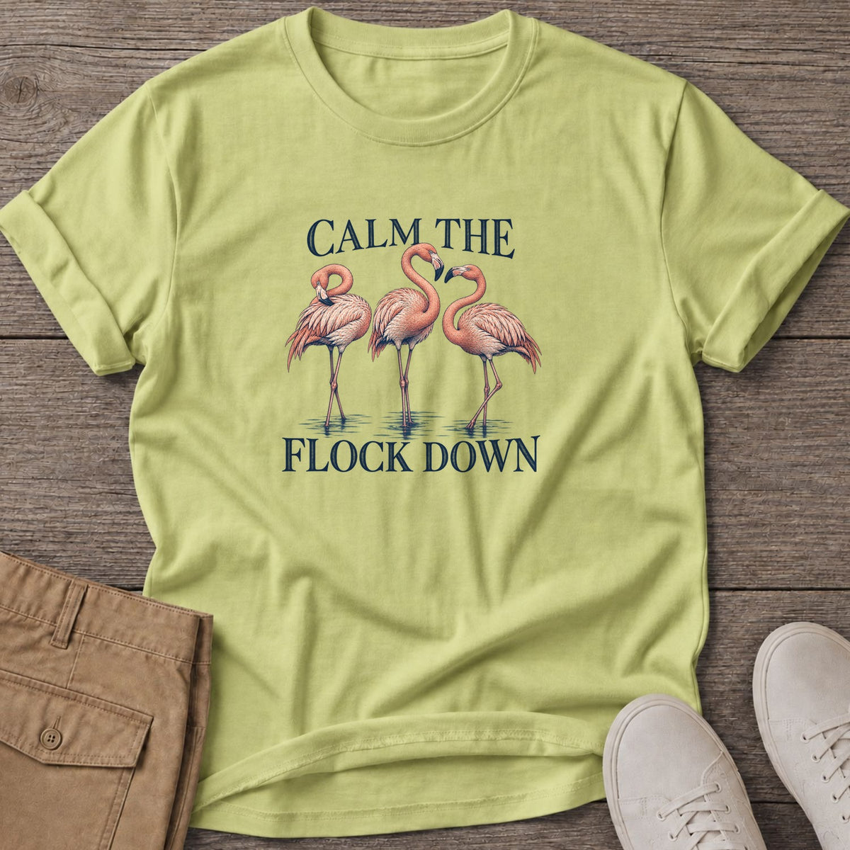 Calm Flock Flamingo Soft Style T-Shirt in Pistachio, Salty Paws Soft Style T-Shirt, front design flat lay